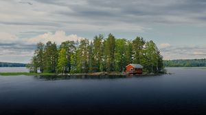 Preview wallpaper island, house, river, trees, water, nature
