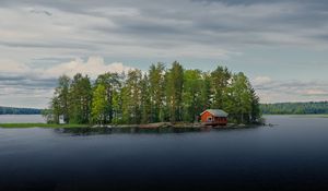 Preview wallpaper island, house, river, trees, water, nature