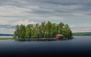 Preview wallpaper island, house, river, trees, water, nature