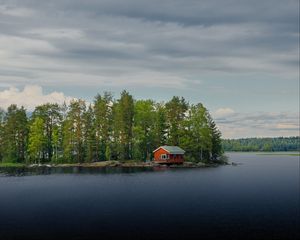 Preview wallpaper island, house, river, trees, water, nature