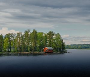 Preview wallpaper island, house, river, trees, water, nature