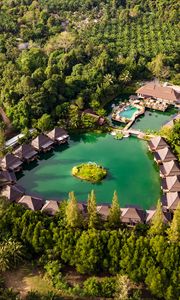 Preview wallpaper island, houses, pond, trees, aerial view