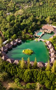 Preview wallpaper island, houses, pond, trees, aerial view