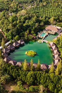 Preview wallpaper island, houses, pond, trees, aerial view