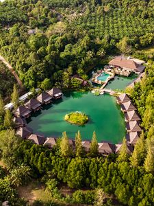 Preview wallpaper island, houses, pond, trees, aerial view