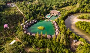 Preview wallpaper island, houses, pond, trees, aerial view