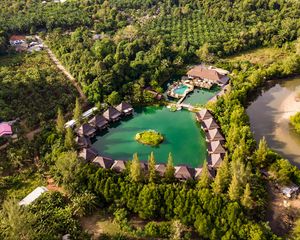 Preview wallpaper island, houses, pond, trees, aerial view