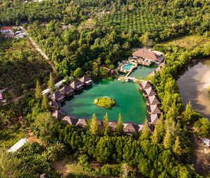 Preview wallpaper island, houses, pond, trees, aerial view
