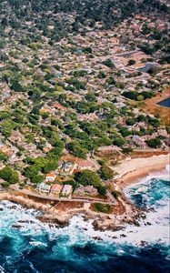 Preview wallpaper island, houses, trees, sea, foam, aerial view