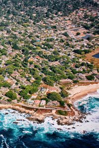 Preview wallpaper island, houses, trees, sea, foam, aerial view