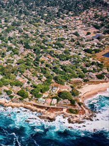 Preview wallpaper island, houses, trees, sea, foam, aerial view