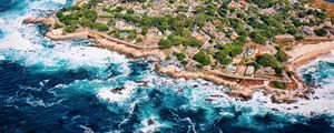 Preview wallpaper island, houses, trees, sea, foam, aerial view