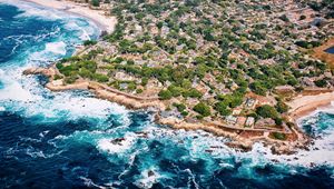 Preview wallpaper island, houses, trees, sea, foam, aerial view