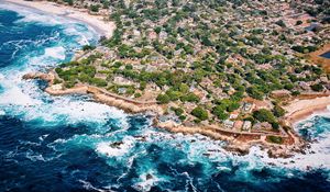 Preview wallpaper island, houses, trees, sea, foam, aerial view