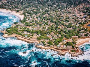 Preview wallpaper island, houses, trees, sea, foam, aerial view