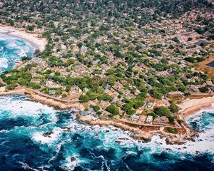 Preview wallpaper island, houses, trees, sea, foam, aerial view