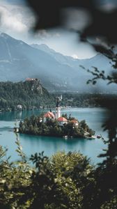 Preview wallpaper island, lake, castle, mountains, nature