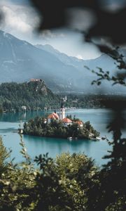 Preview wallpaper island, lake, castle, mountains, nature