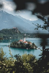 Preview wallpaper island, lake, castle, mountains, nature