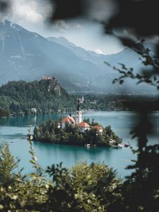 Preview wallpaper island, lake, castle, mountains, nature