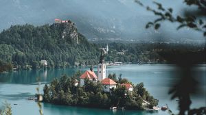 Preview wallpaper island, lake, castle, mountains, nature