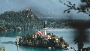 Preview wallpaper island, lake, castle, mountains, nature