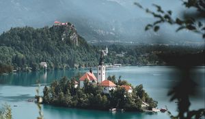 Preview wallpaper island, lake, castle, mountains, nature