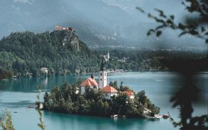 Preview wallpaper island, lake, castle, mountains, nature