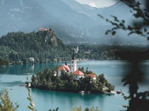 Preview wallpaper island, lake, castle, mountains, nature