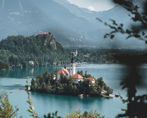 Preview wallpaper island, lake, castle, mountains, nature