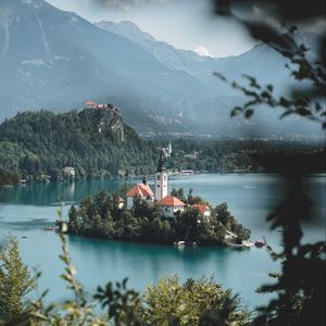 Preview wallpaper island, lake, castle, mountains, nature