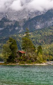 Preview wallpaper island, lake, trees, house, forest, landscape