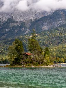 Preview wallpaper island, lake, trees, house, forest, landscape