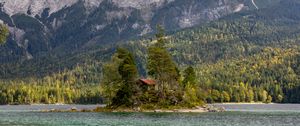 Preview wallpaper island, lake, trees, house, forest, landscape