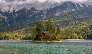 Preview wallpaper island, lake, trees, house, forest, landscape