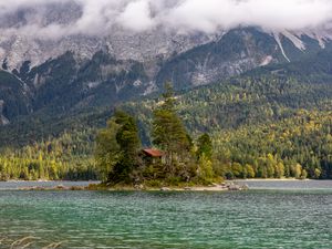 Preview wallpaper island, lake, trees, house, forest, landscape