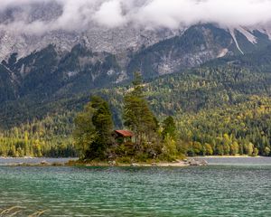 Preview wallpaper island, lake, trees, house, forest, landscape