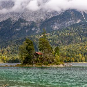 Preview wallpaper island, lake, trees, house, forest, landscape