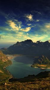 Preview wallpaper island, land, water, ocean, mountains, height, sky, paints