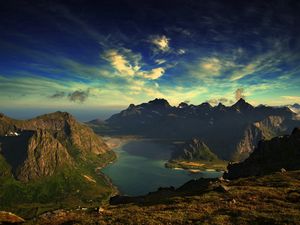 Preview wallpaper island, land, water, ocean, mountains, height, sky, paints