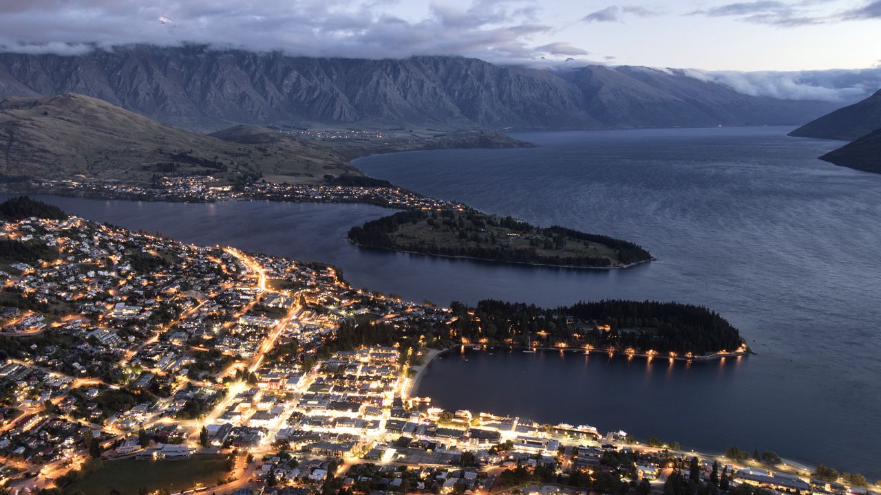 Wallpaper island, lights, sea, aerial view, twilight, dark