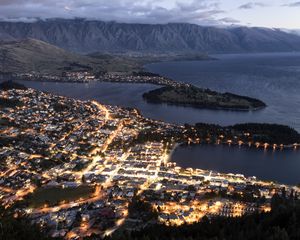 Preview wallpaper island, lights, sea, aerial view, twilight, dark