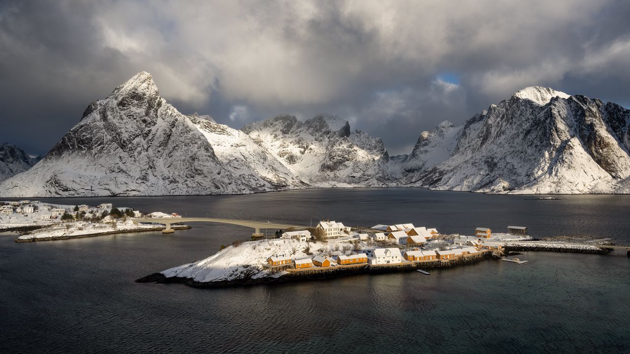 Wallpaper island, mountains, snow, sea, houses
