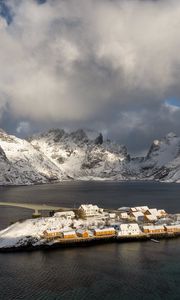 Preview wallpaper island, mountains, snow, sea, houses