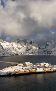 Preview wallpaper island, mountains, snow, sea, houses