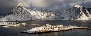 Preview wallpaper island, mountains, snow, sea, houses