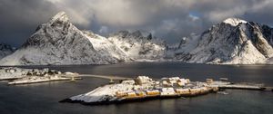 Preview wallpaper island, mountains, snow, sea, houses