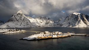 Preview wallpaper island, mountains, snow, sea, houses