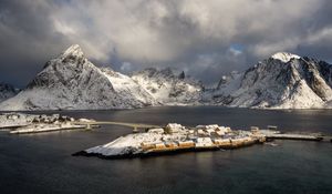 Preview wallpaper island, mountains, snow, sea, houses