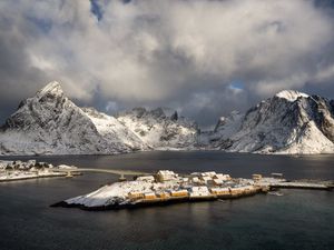 Preview wallpaper island, mountains, snow, sea, houses